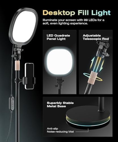 PQRQP 2 Packs Ring Light with Stand, Adjustable Desktop Lamp with Phone Mount, CRI 97+ Studio-Grade Video Conference Light for Video Calls, Home Office, TikTok Live & Vlog Filming (Nocturnal Black)