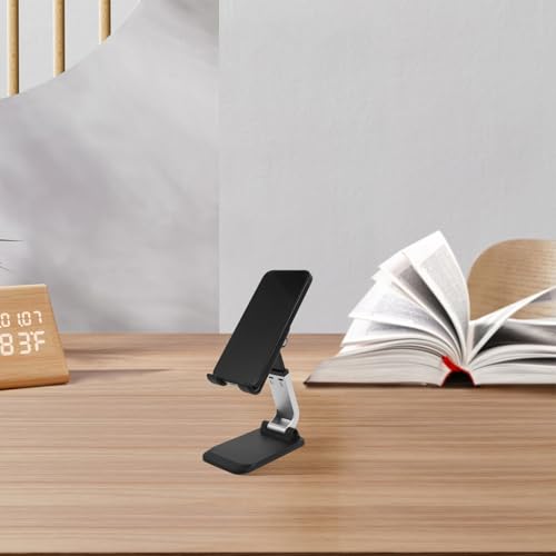 SHERCHPRY Aluminum Alloy Desktop Phone Holder Stand for Office and Home, Foldable Tablet and Cell Phone Desk Stand, Heavy Duty Stable Base in Black for Live Streaming and Video Calls