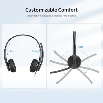 TOALLIN Wired Headset with Mic, Stereo USB Headphones with Noise-Canceling Microphone, Volume Control, One-Key Mute & Answer Calls, Works with PC, Laptop, Mac, Phone, Call Center and Office