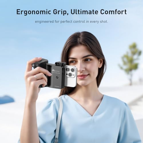 AMAZEAR Shutter Grip for iPhone 17 Pro Max/Android Mobile Phones, DSLR Camera Style Cellphone Photography Handle with Bluetooth Remote for Samsung Galaxy S26 Ultra, for Google Pixel, Compatible iOS26