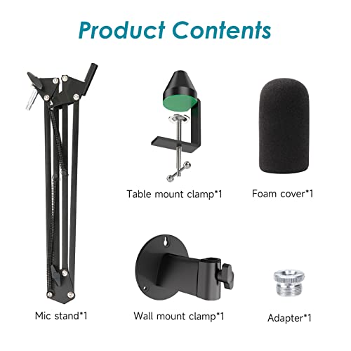YOUSHARES Wall Mount QuadCast Boom Arm Stand with Mic Windscreen and Table Mount Clamp, Mic Stands and Holders Compatible with HyperX QuadCast S Microphone - color: Stand with wall clamp and table clamp