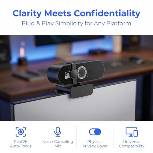 2K QHD Webcam with Auto Focus USB Plug & Play PC Camera with Privacy Cover & Noise Cancelling Mic for Video Conferencing - size: 2KAF One size fits all