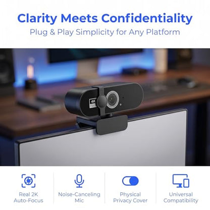 2K QHD Webcam with Auto Focus USB Plug & Play PC Camera with Privacy Cover & Noise Cancelling Mic for Video Conferencing - size: 2KAF One size fits all