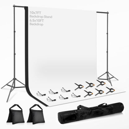 7 x 10 FT Photo Video Studio Backdrop Stand Kit, Photography Background Support System with 6.5 x 10FT Black, White Backdrop, Clamps, Sandbags and Carry Bag for Photoshoot, Portrait - color: Black, White