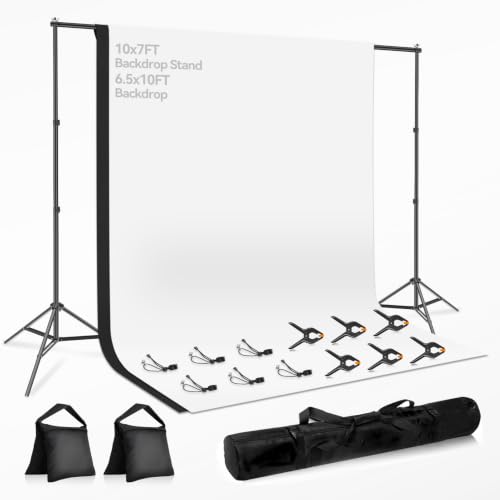 7 x 10 FT Photo Video Studio Backdrop Stand Kit, Photography Background Support System with 6.5 x 10FT Black, White Backdrop, Clamps, Sandbags and Carry Bag for Photoshoot, Portrait - color: Black, White