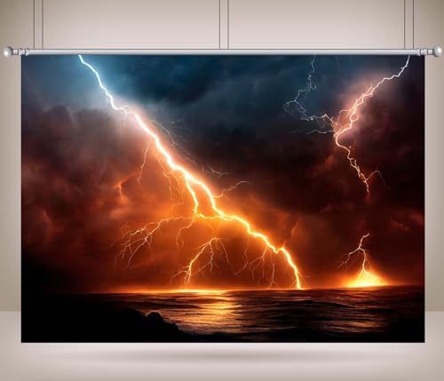 10x8ft Ocean Rainstorm Lightning Backdrop Lightning Storm Backdrop Dark Cloudy Sky Thunderstorm Background Party Decoration Photo Booth Studio Prop - size: 10x8FT