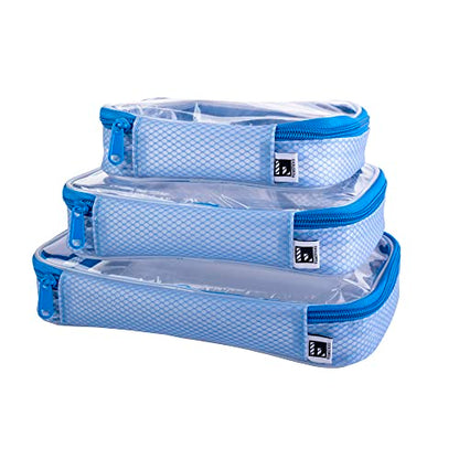 Filmsticks Set of 3 Transparent TPU Storage Cases, Blue, Small Medium Large, 170 x 50 x 135 mm to 250 x 50 x 160 mm, Clear Zip Organisers for Camera Gear, Cables, Tools and Accessories