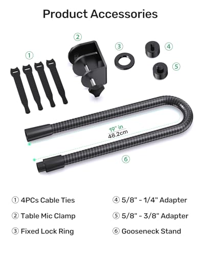 19" Flexible Gooseneck Mic Stand with Desk Clamp【Heavy Duty】 1/4" & 3/8" Adapters，for Gaming, Live Streaming, Podcast, Conference, and Podium