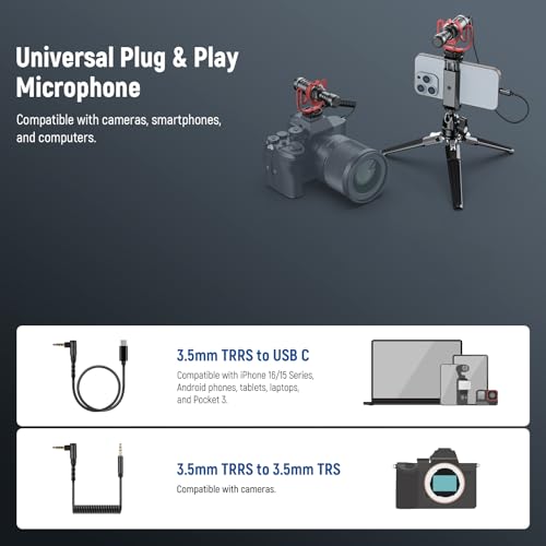 NEEWER Plug & Play Vlog Microphone, 20-20KHz Mini Supercardioid Mic with 3.5mm TRRS, Low Frequency Cut, Gain Control, Two OTG Compatible with iPhone 16 15 S25 Ultra Android Tablet Mac Camera, VM11 - style: VM11