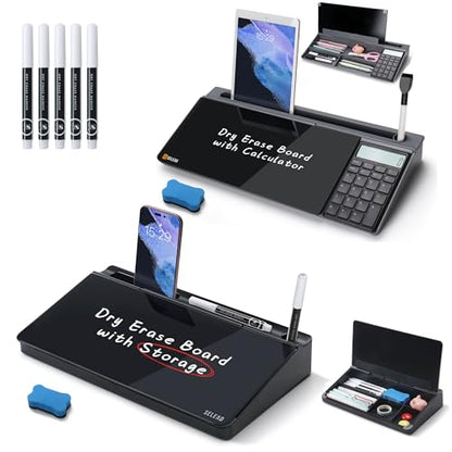 SELEAD Black Desktop Glass Board + Desk Dry Erase Board with Calculator, Tabeltop Storage Keyboard Stand for Home Office School
