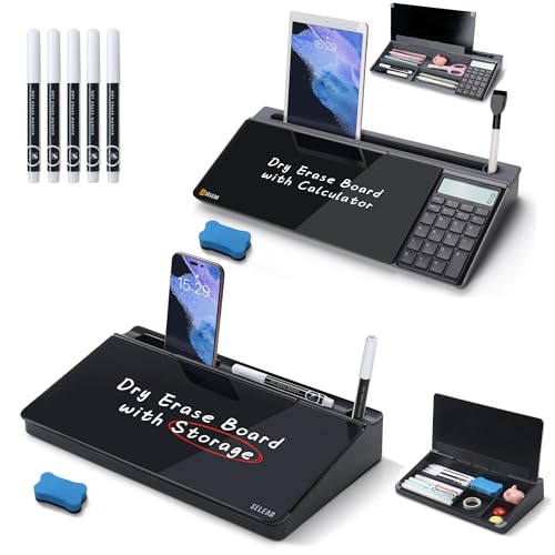 SELEAD Black Desktop Glass Board + Desk Dry Erase Board with Calculator, Tabeltop Storage Keyboard Stand for Home Office School