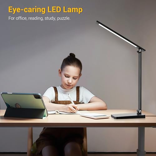 LED Desk Lamp for Home Office, 3 Levels Dimmable Desk Light with USB Charging Port, Small Study Lamp, Reading Light for Table, Black, 5000K - color: Black