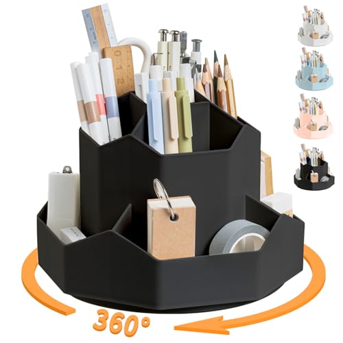 Cayxenful Pencil Pen Holder for Desk,9 Slots 360 Degree Rotating Desk Organizers,Desktop Storage Stationery Supplies Organizer, Cute Pencil Cup Pot For Office, School, Home(Black) - color: Black