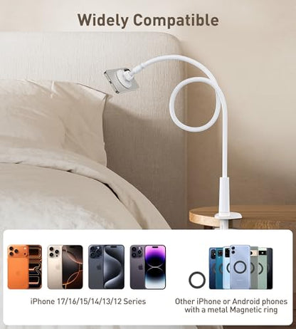 Magnetic Gooseneck Phone Holder Mount for iPhone 17/16/15/14/13/12 - Magnetic Stand Tabletop Clamp 360°Rotation Adjustable for Office/Home Compatible with iPhone 17 16 15 14 13 12 Mini Plus Pro Max - style: Mount + White