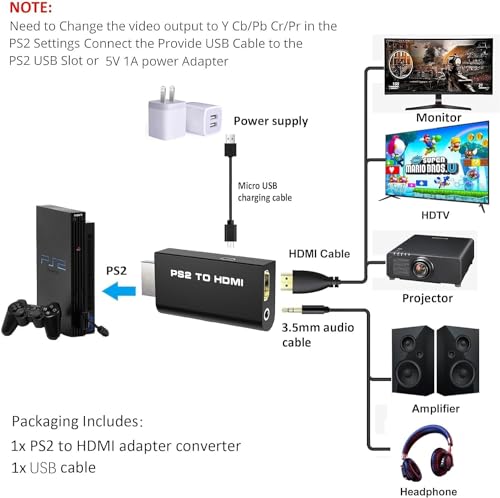 NEW PS2 to HDMI Converter Adapter, Video Converter with 3.5mm Audio Output for HDTV HDMI Monitor, with USB Power Cable, Only Compatible with PS2 console models (10000/ 30000/ 50000/ 70000 series)