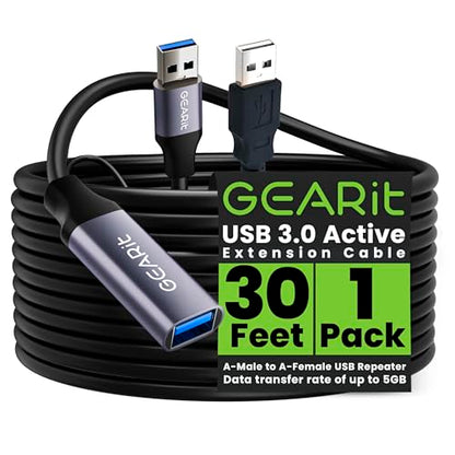 GEARit USB 3.0 Active Extension Cable (30 Feet) A-Male to A-Female USB Repeater with Signal Booster for Oculus Rift, Quest Link, Xbox 360 Kinect, PlayStation, Printer, Webcam - 30ft - size: 30 Feet