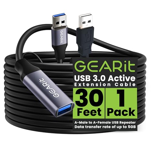 GEARit USB 3.0 Active Extension Cable (30 Feet) A-Male to A-Female USB Repeater with Signal Booster for Oculus Rift, Quest Link, Xbox 360 Kinect, PlayStation, Printer, Webcam - 30ft - size: 30 Feet
