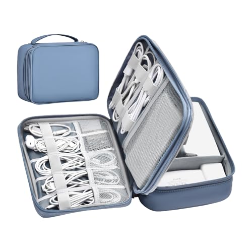 Double Layer Leather Cable Organizer Bag Large Capacity Waterproof Tech Organizer Case for Travel Electronics Accessories Storage Case with Adjustable Divider(Gray&Blue, Double Layer-Small) - color: Gray&Blue, size: Double Layer-Small