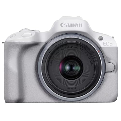 Canon EOS R50 Mirrorless Camera (White) with RF-S 18-45mm F4.5-6.3 is STM Lens 5812C012 Bundle with Deco Gear Photography Bag + Microphone + Tripod + Premium Photography Pro Ebook & Accessories Kit - color: White