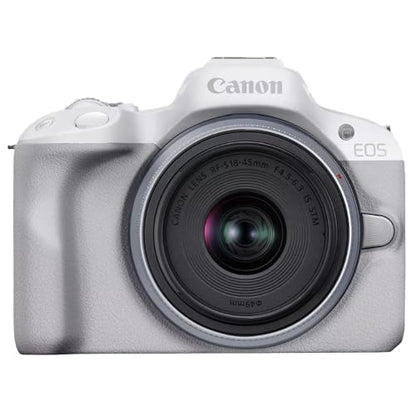 Canon EOS R50 Mirrorless Camera (White) with RF-S 18-45mm F4.5-6.3 is STM Lens 5812C012 Bundle with Deco Gear Photography Bag + Microphone + Tripod + Premium Photography Pro Ebook & Accessories Kit - color: White