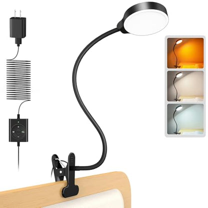 Glocusent 5W Clip on Light, 36 LED Eye Caring Reading Light for Bed, 3 Colors & 5 Brightness Clip on Lamp with Adapter, Perfect Desk Lamp with Clamp/Bunk Bed/Headboard/Table - color: Black