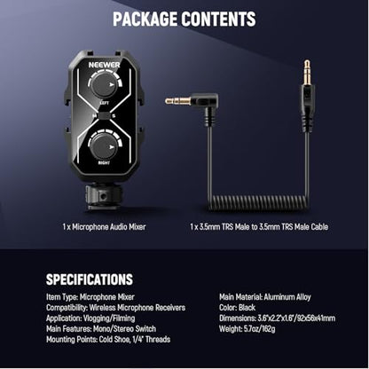 NEEWER MM02 Dual Channel Microphone Audio Mixer Adapter with 3.5mm TRS Cable, Stereo/Mono Switch, Cold Shoe Mounts for DSLR Camera, Smartphones, Wireless Mic Receiver, Video Recording Interview Mic - style: MM02