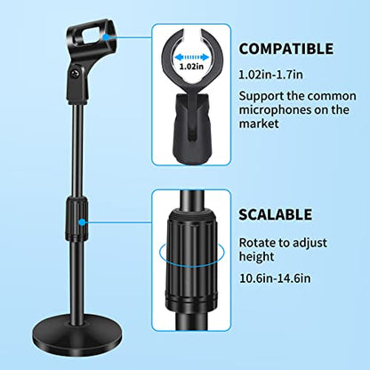 2 Pack Small Microphone Stand Desk, Desktop Mic Stand Adjustable Microphone Holder Lightweight Table Mic Stand with Mic Clip for Blue Yeti Shure Microphone, without Microphone - size: 2 Pack （10-14 Inch）