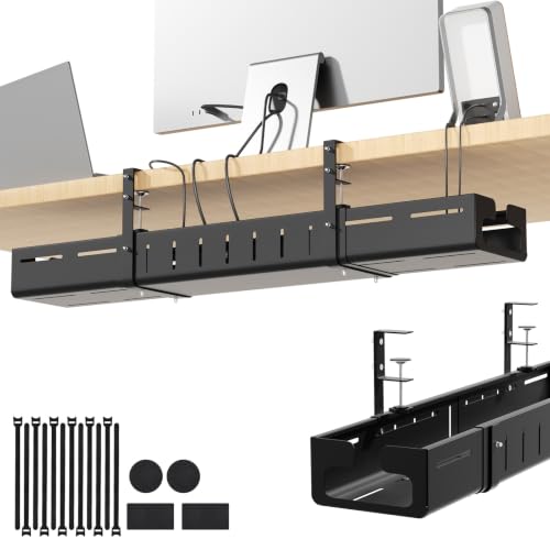 Under Desk Cable Management Tray, Expandable 25.2"– 38.6" No Drill with Clamp Mount Cord Management, Black Carbon Steel Cord Organizer for Desk, Home, Office