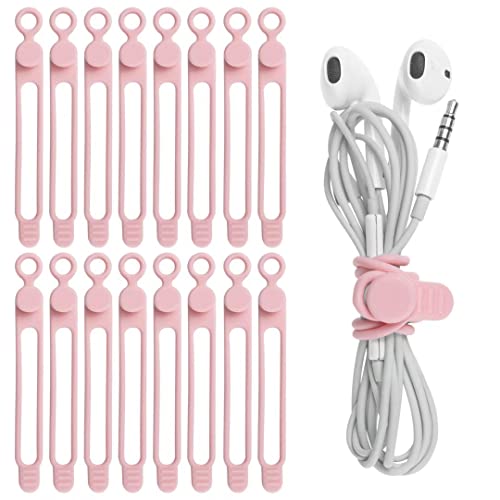16Pcs Silicone Cable Ties Cord Organizer for Bundling Earphone, Phone Charger, Computer Cords, Reusable Wire Cable Management in Home,Office,Kitchen,School,Travel (Pink) - color: Pink, size: 4.2 Inch