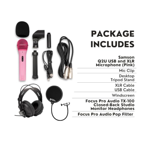 SAMSON Q2u USB and XLR Dynamic Microphone Bundle and Tx 100 (Pink, 3 Items) | Samson Q2u USB and Xlr Mic, 3.5mm Zero-Latency Monitor, Includes Tx-100 Headphones and Knox Gear Pop Filter