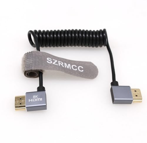 SZRMCC 8k 2.1 HDMI to HDMI Ultra High Speed Coiled Braided Cable for Z Cam E2 Sony FX6 FX9 Canon EOS C70 C300 Portkeys BM5 Atomos Ninjav V Shogun Monitor Left Right Angle - color: Grey coiled Cable, size: Left HDMI-Right HDMI