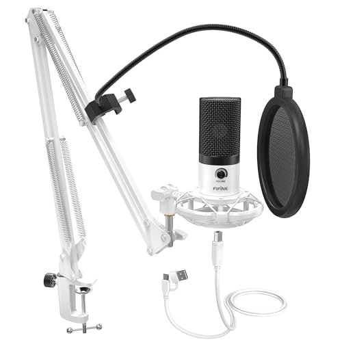 FIFINE USB Recording Microphone Kit, Studio Condenser Microphone for Vocals Music Creation, Voice-Over, Singing with Metal Boom Arm, 16mm Diaphragm, Podcast Mic Set-T669 White - color: White