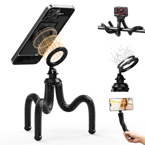 TELESIN Magnetic Flexible Tripod for iPhone, Mini Bendable Tripod Phone Stand for Magsafe Stroller Treadmill Tube Motorcycle Arm Phone Holder Selfie Stick for Video Recording for Phones Action Camera
