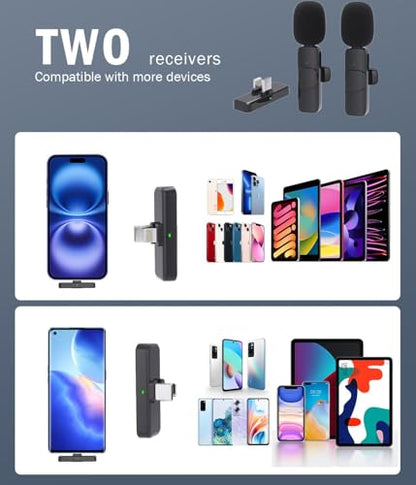 Wireless Mini Microphone for iPhone：2 Pack Lavalier Lapel Mic with AI Noise Cancellation & 70ft Range, 16H Total Battery, Plug and Play Clip-on Android Microphone for YouTube TikTok Podcast Vlogging