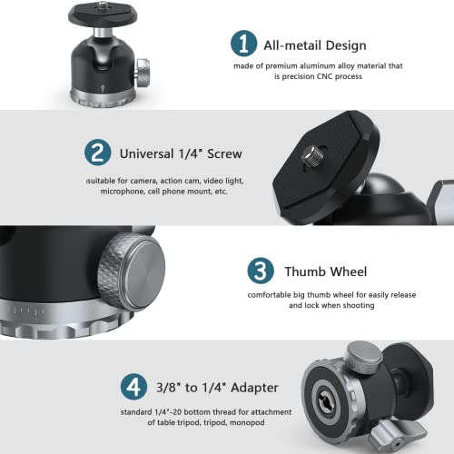 Tripod Ball Head 360 Degree Rotating Panoramic Ballhead with 1/4 inch Screw 3/8" Thread Mount, Max Load up to 5 kg/ 11lb,for Monopod, DSLR, Phone, Gopro - size: Heavy duty 11/lb