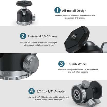 Tripod Ball Head 360 Degree Rotating Panoramic Ballhead with 1/4 inch Screw 3/8" Thread Mount, Max Load up to 5 kg/ 11lb,for Monopod, DSLR, Phone, Gopro - size: Heavy duty 11/lb