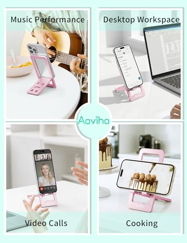Aoviho Phone Stand for Desk, Ultra-Thin Foldable Aluminum Phone Holder, Portable Travel & Office Cell Phone Stand Compatible with iPhone 17 16 15 14 13 12 Pro Max, Fits 3.7"-7" Devices, Pink - color: Pink