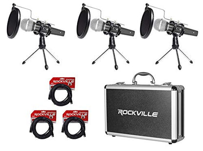 Rockville RMC-3PK Bundle: 3-Pack Metal Wired Microphones, (3) RTMS21 Desktop Tripod Stands with Pop Filter and Shock Mount, (3) 20-ft Female to Male XLR Cables for Podcasting, 7-Items