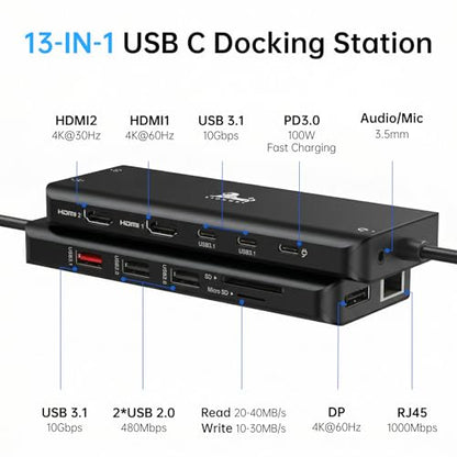 LIONWEI Laptop Docking Station 13 in 1 - Dual HDMI+DisplayPort+10Gbps, 6 USB C/A, 100W PD, Ethernet, SD/TF, Audio, USB C Hub for MacBook/Dell/HP/Surface, Black - color: Black-13 IN 1(2 HDMI+DP)