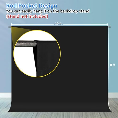 Hemmotop Black Photo Backdrop Background 10x8ft | Polyester, Large, Drapes Well, Rod Pocket for Easy Hanging, for Family Photos, Wedding, Birthday, Graduation Party, Video - color: Black