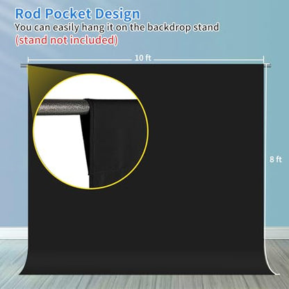 Hemmotop Black Photo Backdrop Background 10x8ft | Polyester, Large, Drapes Well, Rod Pocket for Easy Hanging, for Family Photos, Wedding, Birthday, Graduation Party, Video - color: Black
