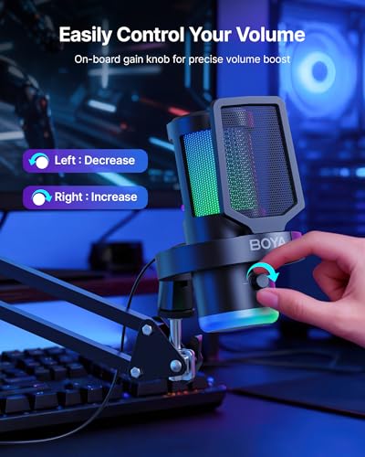 BOYA USB Gaming Microphone with Boom Arm, 192kHz/24bit, Supercardioid + ENC Noise Cancellation, Touch Mute, 9 RGB Effects, Gain Knob, Monitor Jack, Microphone for PC/PS4/PS5/Mac/Android/iOS - size: Boom Arm Version