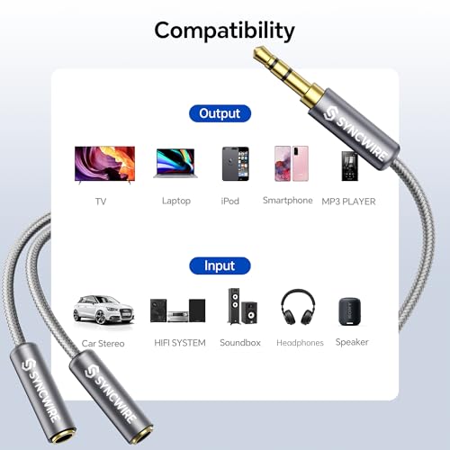SYNCWIRE Headphone Splitter, Nylon-Braided 3.5mm Extension Cable Audio Stereo Y Splitter (Hi-Fi Sound), 3.5mm Male to 2 Ports 3.5mm Female Headset Splitter for Apple, Samsung & More (No Mic) - Grey - color: Grey