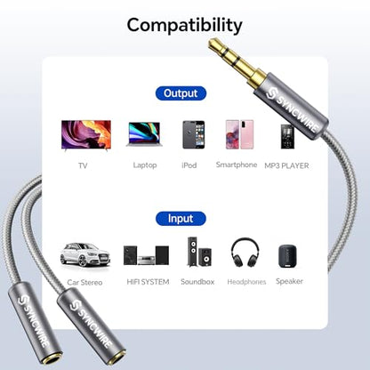 SYNCWIRE Headphone Splitter, Nylon-Braided 3.5mm Extension Cable Audio Stereo Y Splitter (Hi-Fi Sound), 3.5mm Male to 2 Ports 3.5mm Female Headset Splitter for Apple, Samsung & More (No Mic) - Grey - color: Grey