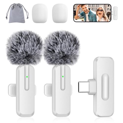 Wireless Mini Microphone for iPhone - 2 Pack Lavalier Microphone for Video Recording, 2 in 1 Noise Reduction Lapel Mic for Ipad, Android, Clip-on Mini Mic for Vlog Podcast - color: White