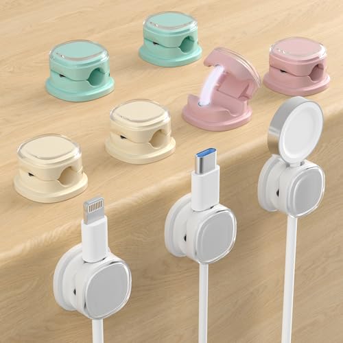 Magnetic Cable Clips, Adjustable Cord Holder Management, Adhesive Wire Keeper Organizer for Home Office Desk Phone PC Car Wall Desktop Nightstand Appliance (9-PCS White_Purple_Cyan_Apricot) - color: 9-PCS White_Purple_Cyan_Apricot