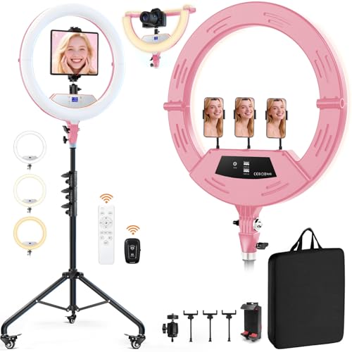 22" Foldable Ring Light with Stand for iPhone ipad, 75" Tripod with Wheels 50W 6500K LED Display/2 USB Ports Large Ringlight Rolling, Tattoo Barber Makeup Studio Video Photography Lighting(Pink) - color: Pink, size: 22Inch