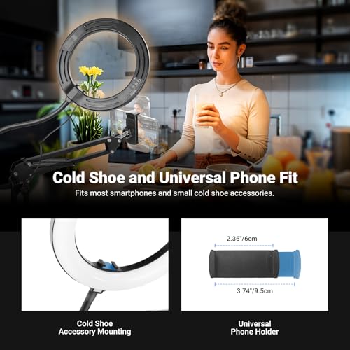 NEEWER Entry Level Version N41 8" LED Ring Light with Desk Clamp Stand/Remote, Overhead Phone Mount Holder Compatible with iPhone, Streaming Video Recording Selfie Nail Tech Food Photography Lighting