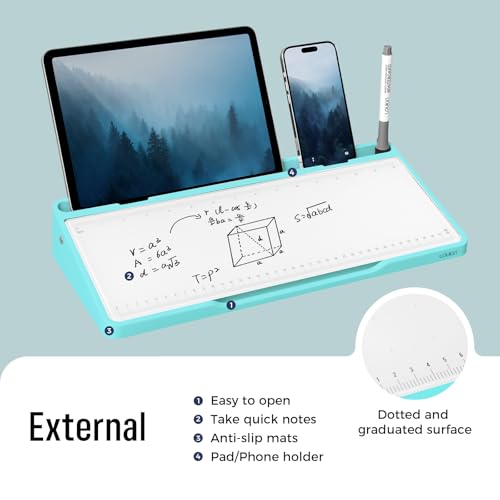 LOUKIN Glass Desktop Whiteboard, 15.3" x 5.6" Dry Erase Desk Board with Dotted and Graduated Surface, Desktop Buddy, Great for Design and Drawing, 3 Markers and 1 Dry Erase Eraser Included (Sky Blue) - color: Sky Blue