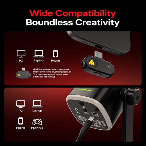 MAONO PD100W Wireless USB Dynamic Microphone, Gaming PC Mic with One-Click Noise Reduction,Mute Button,Custom RGB,3.5mm Headphone Jack,Software, Podcast Streaming Mic (Desktop(USB-C Receiver), Black) - color: Black